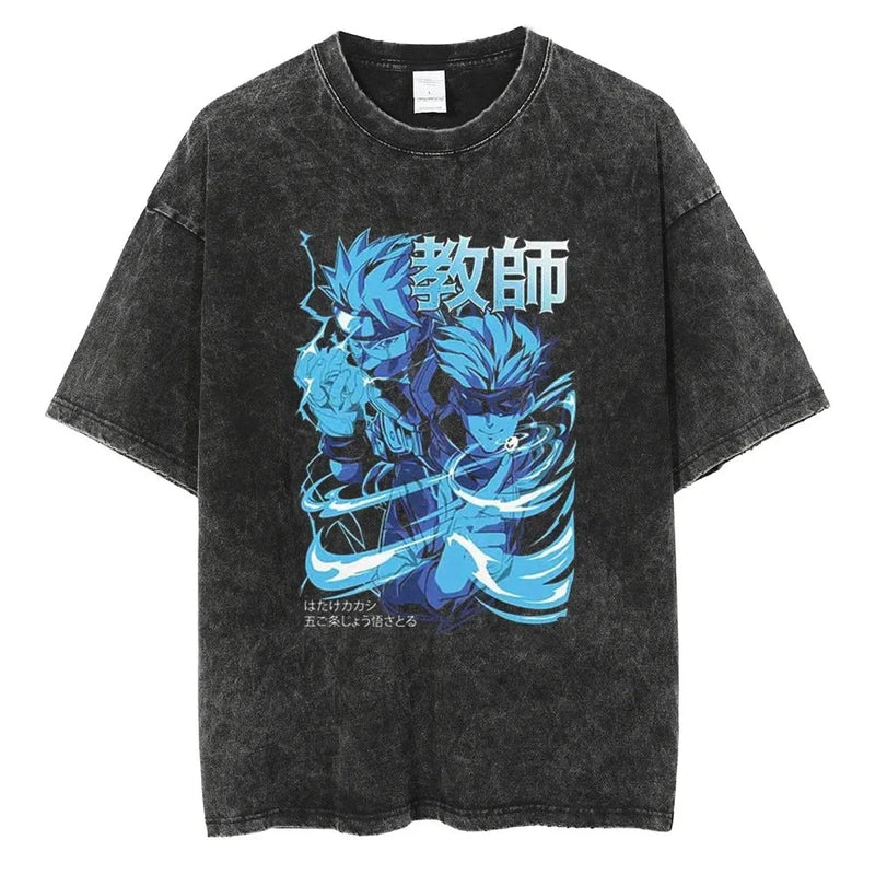 Jujutsu Kaisen T Shirt Set Men Vintage Washed Cotton Short Sleeve Tops 2025 Summer Anime Graphic Tees Double Character Back