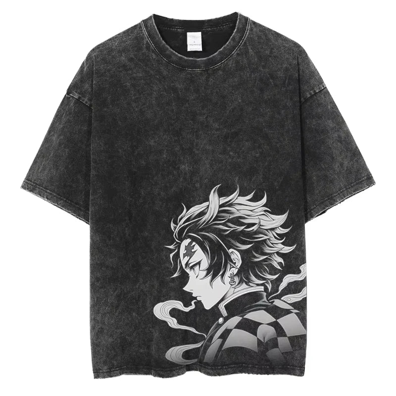 YG Anime Demon Slayer Kamado Tanjirou Graphic Print T Shirt Men Manga Tshirts Washed Cotton T-shirt Harajuku Male Vintage Tee